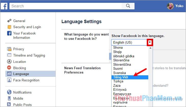 Chọn ngôn ngữ bạn muốn sử dụng trên Facebook