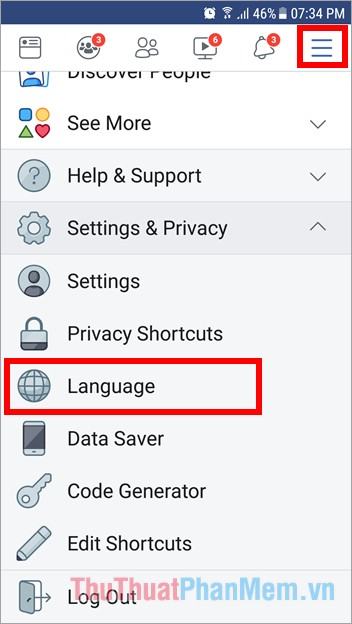 Chọn biểu tượng 3 dấu gạch ngang - chọn Settings & Privacy - Language