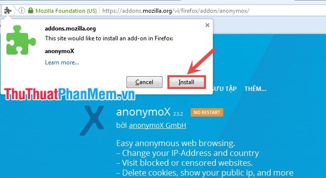 Nhấn Install để cài add-on vào trình duyệt Firefox