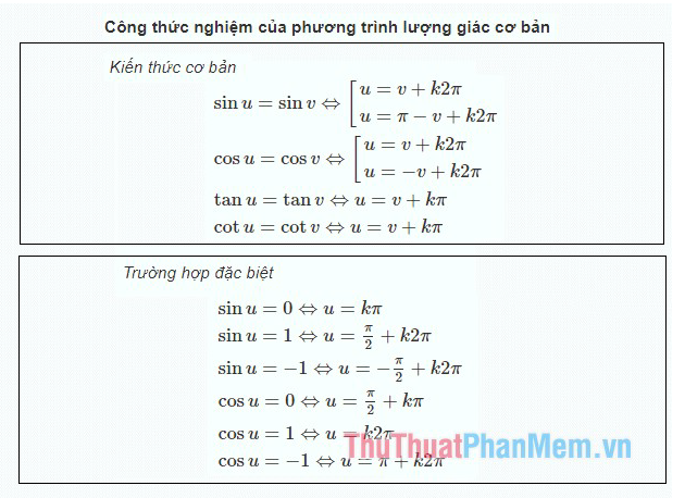 Công thức giải phương trình lượng giác cơ bản