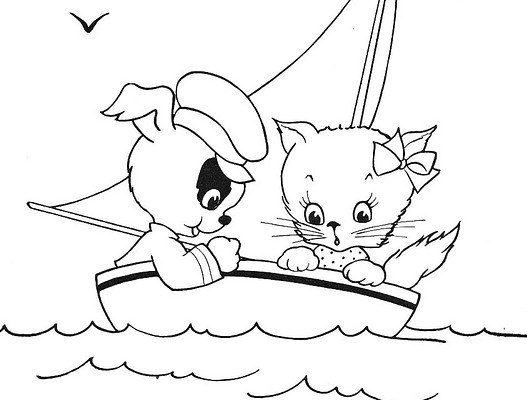 Vẽ đen trắng chó mèo dễ thương trên thuyền buồm