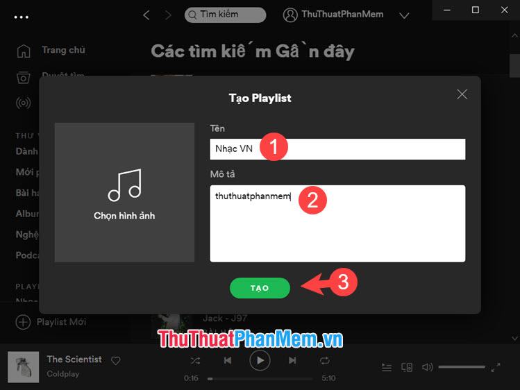 Đặt tên cho Playlist, nhập mô tả cho playlist và bấm Tạo để tạo playlist mới