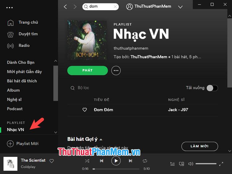 Click vào playlist để kiểm tra