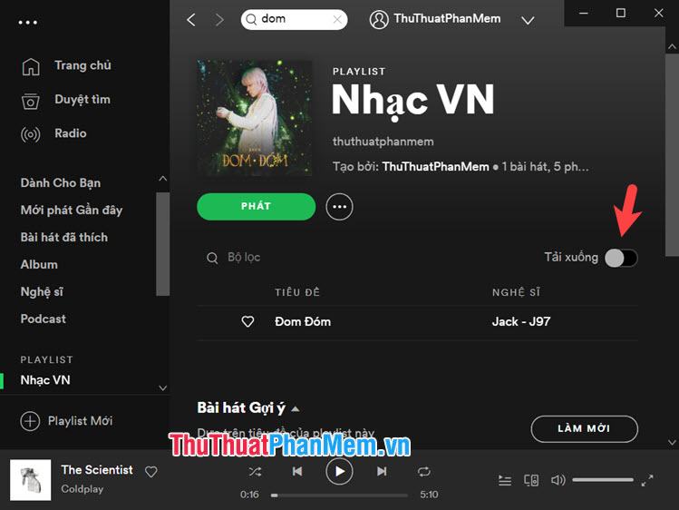 Mở playlist cần lưu nhạc Offline và gạt công tắc Tải xuống thành Bật