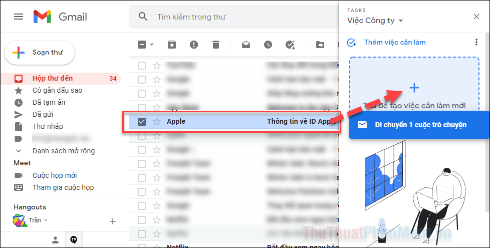 Để thêm một email vào nhiệm vụ, chỉ cần trực tiếp kéo nó vào bảng điều khiển Tasks