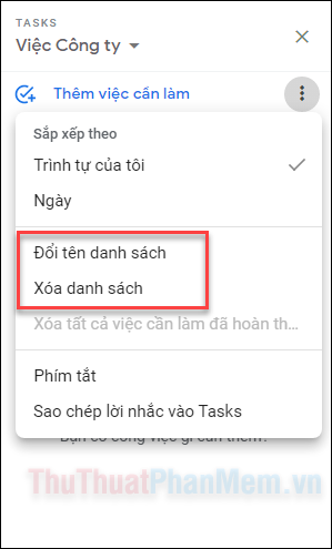 Khi muốn đổi tên hoặc xóa danh sách, nhấn vào dấu 3 chấm rồi chọn Đổi tên danh sách, Xóa danh sách ở menu hiện lên