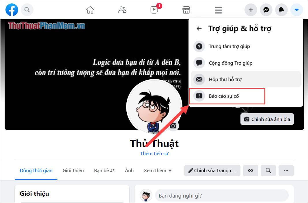 Chọn mục Báo cáo sự cố để tiến hành nhập lỗi cho Facebook