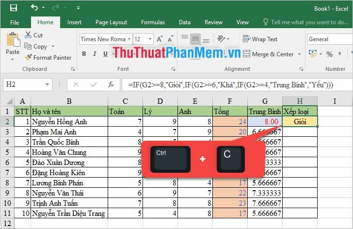 Sử dụng Ctrl C để sao chép công thức