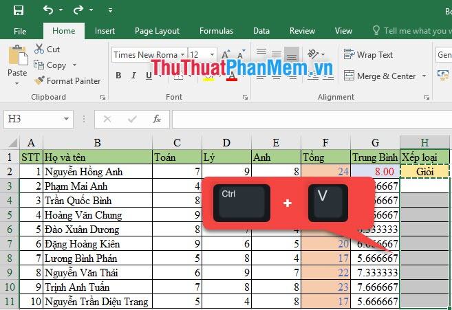 Sử dụng Ctrl V để sao chép công thức