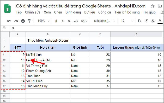kết quả cố định hàng tiêu đề thành công google sheet