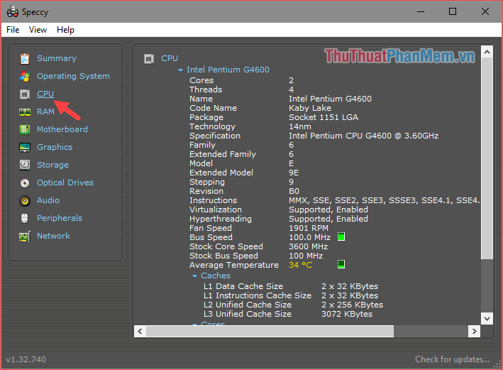 Nếu muốn xem thông tin chi tiết về CPU thì chọn phần CPU bên trái
