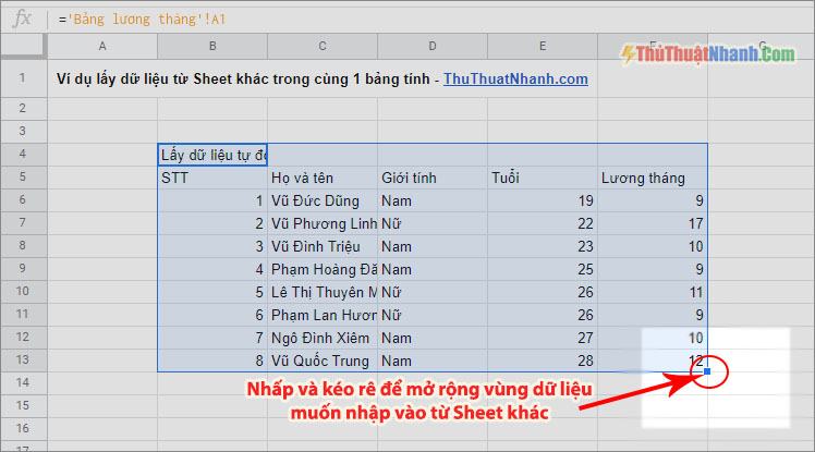 Làm cách nào để mở rộng phạm vi dữ liệu được nhập từ một trang tính khác?