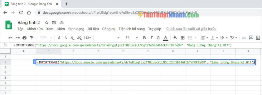 Nhập công thức lấy dữ liệu của hàm importrange