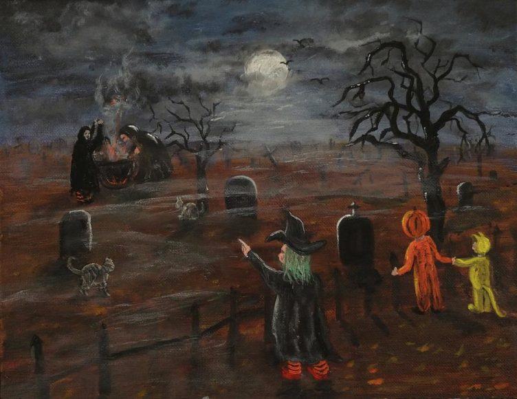 Halloween vẽ phù thủy trong nghĩa trang