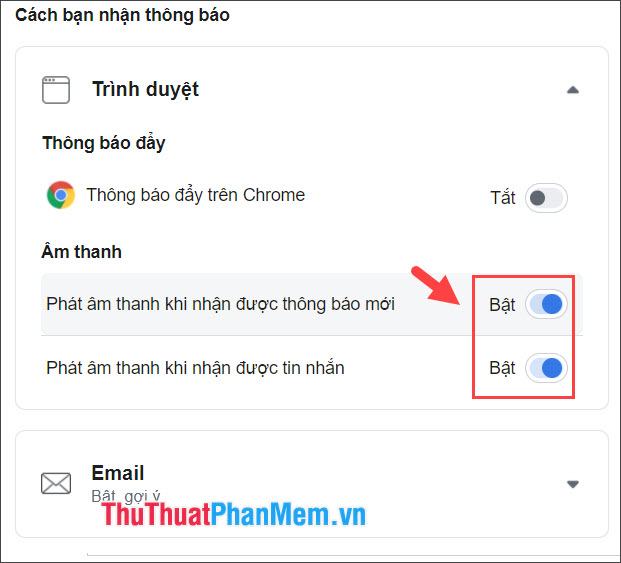 Bạn gạt công tắc Phát âm thanh khi nhận thông báo mới và Phát âm thanh khi nhận tin nhắn sang Tắt