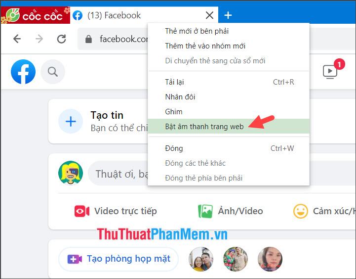 Nhấp chuột phải vào tab và chọn Bật âm thanh trang web