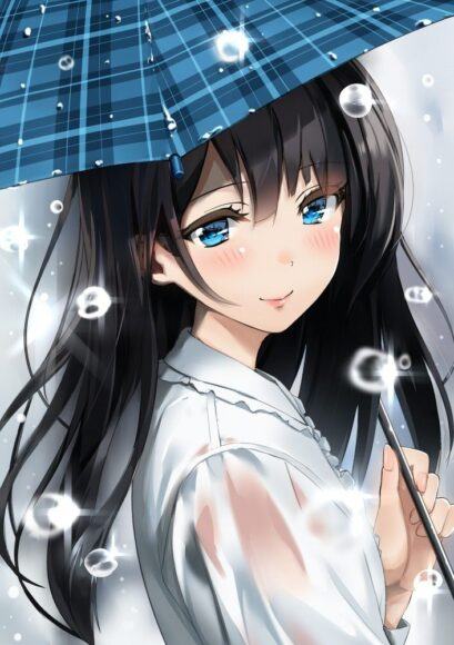 Hình ảnh anime cô gái tóc đen cầm ô