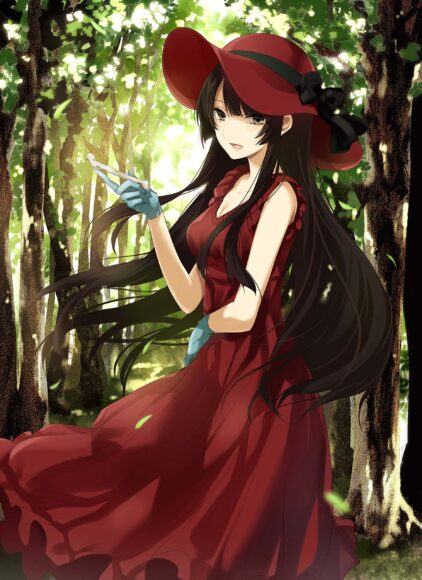 Hình ảnh anime cô gái tóc đen mặc váy đỏ