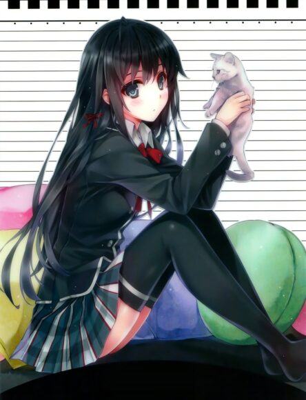 Hình ảnh anime cô gái tóc nâu và chú mèo