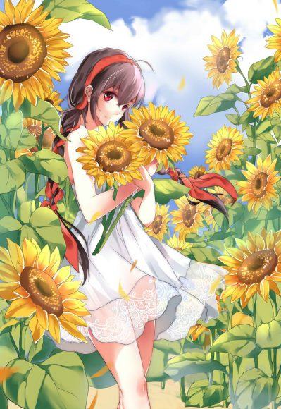 Hình ảnh anime girl cầm hoa hướng dương