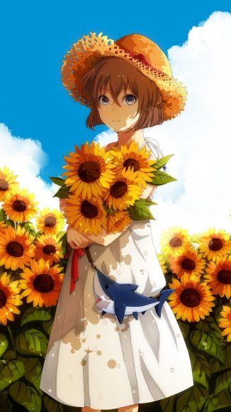 Hình ảnh cô gái anime và bó hoa hướng dương