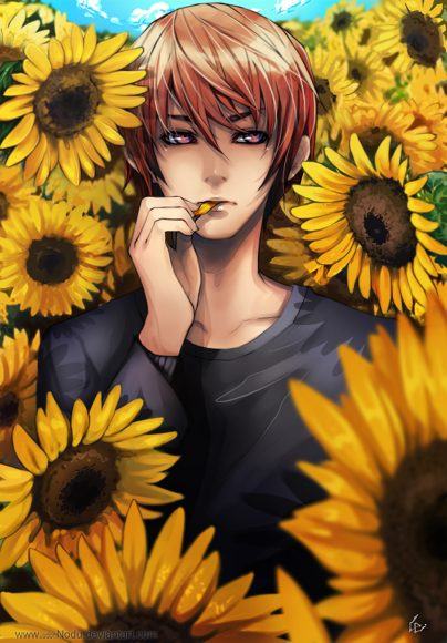 Hình ảnh anime boy đẹp bên hoa hướng dương