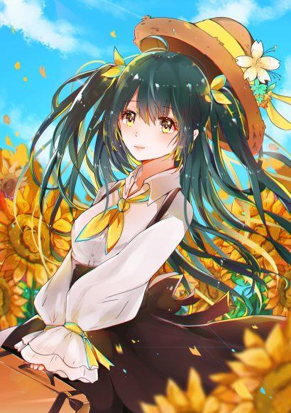 ảnh anime girl trồng hoa hướng dương