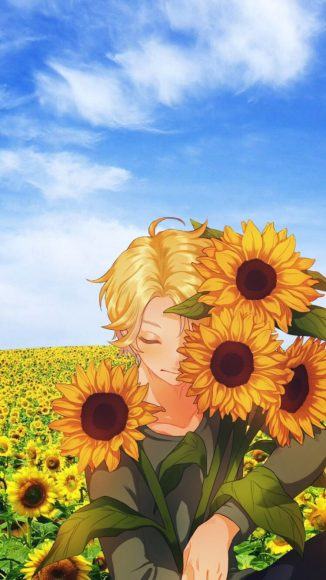 hình ảnh anime boy ngồi thiền hoa hướng dương
