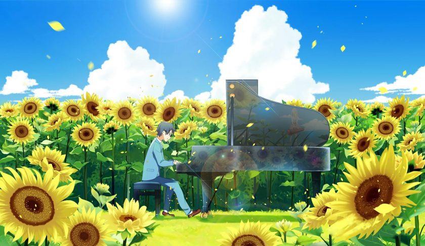 Hình ảnh cậu bé anime chơi guitar trên cánh đồng hoa hướng dương