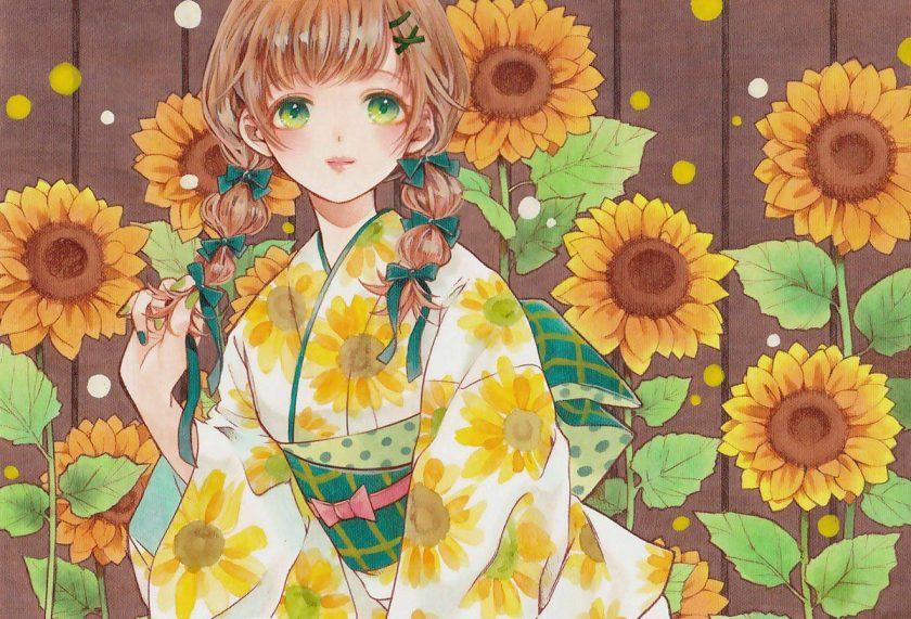 Hình ảnh anime girl kimono và hoa hướng dương