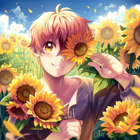Hình ảnh anime cậu bé ôm hoa hướng dương