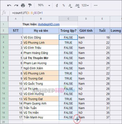 Cột ghi kết quả lọc dữ liệu trùng