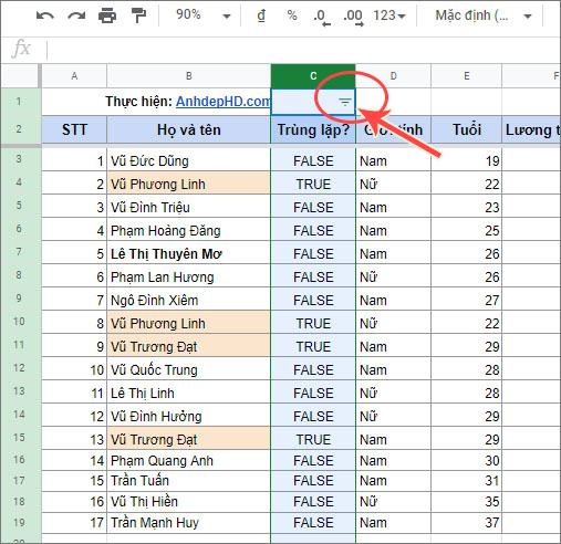 Biểu tượng phễu lọc trong Google Trang tính