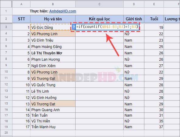 Công thức lọc và loại bỏ dữ liệu trùng lặp trong bảng tính Google Sheets