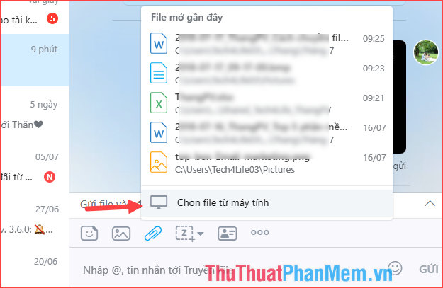 Bấm biểu tượng Pin để gửi file - sau đó bấm Chọn tệp từ máy tính