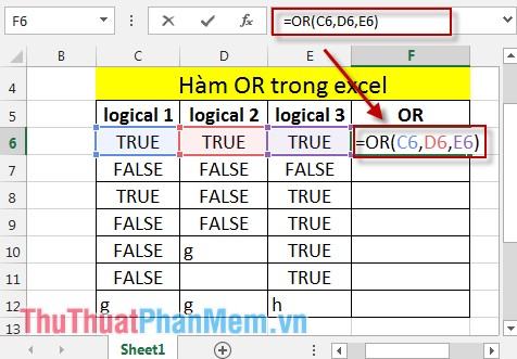Hàm OR trong Excel 2