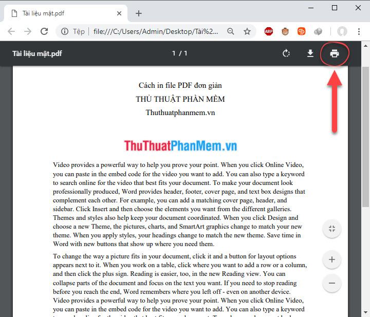 Nhấn vào biểu tượng máy in ở góc giao diện trình duyệt