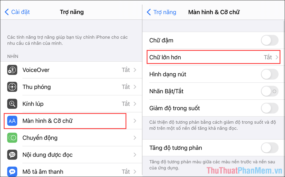 Chọn mục Larger Text để kích hoạt chế độ phóng to, thu nhỏ cỡ chữ