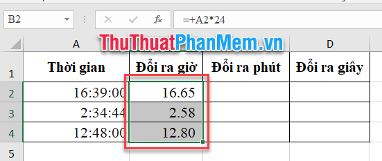 Lấy kết quả giờ dưới dạng số thập phân