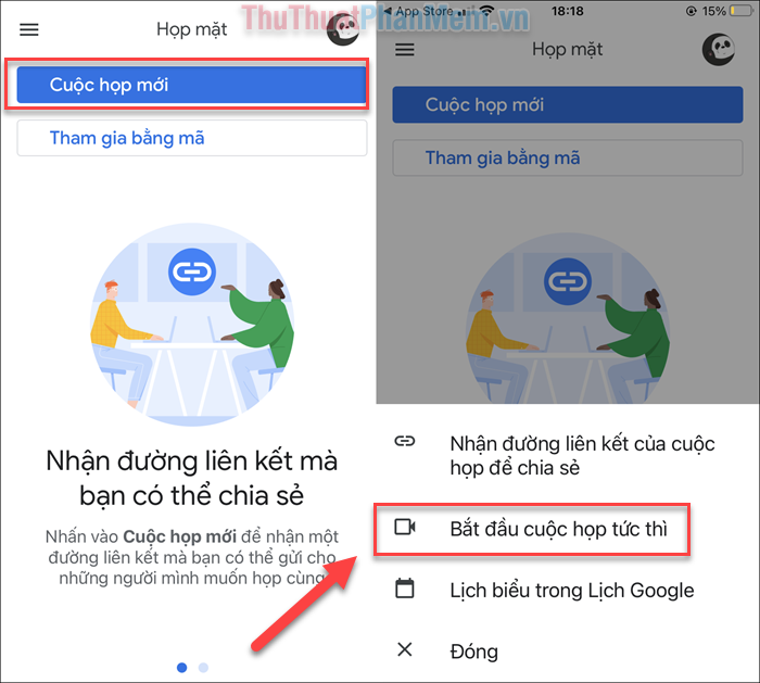 Nhấn vào Cuộc họp mới và chọn Bắt đầu cuộc họp tức thì