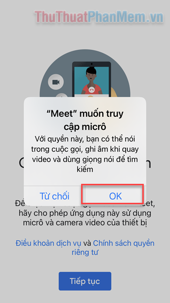 Nhấn OK để cho phép