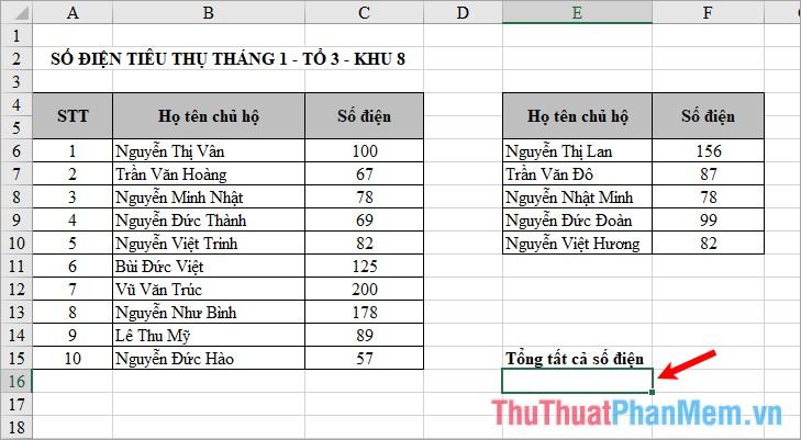 Chọn một ô trống để nhập SUM .  chức năng