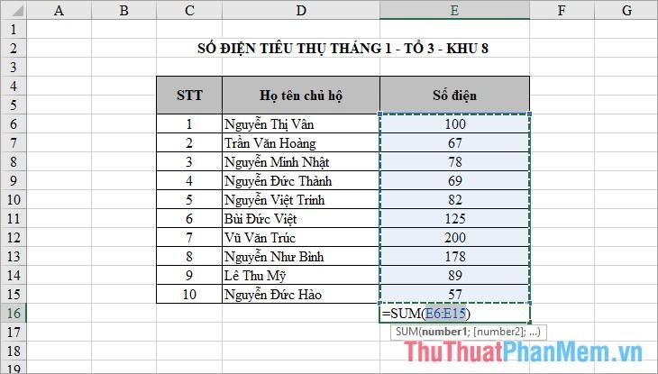 Bây giờ trong hộp trống, chọn Sum.  chức năng sẽ xuất hiện