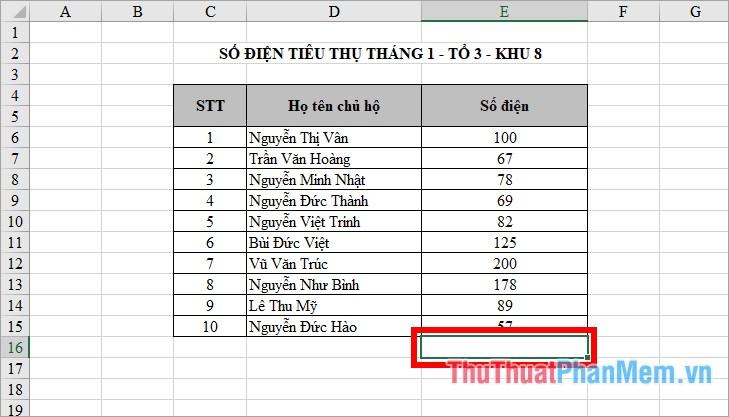 Chọn ô trống ngay dưới cột dữ liệu muốn tính tổng