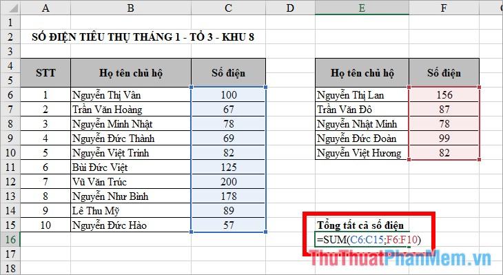 Tính tổng nhiều vùng dữ liệu khác nhau