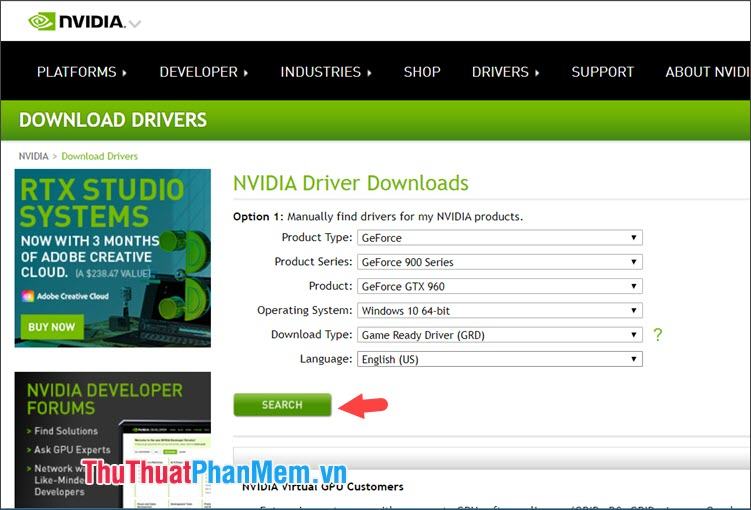 Nhấn Search để tìm kiếm driver