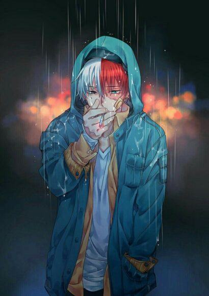 Hình ảnh cậu bé anime cô đơn hút thuốc trong mưa