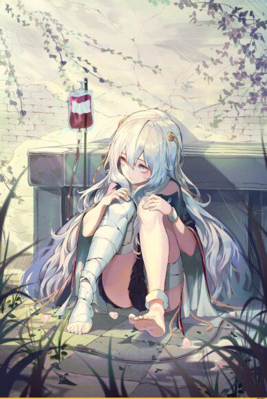 Hình ảnh anime cô gái tóc trắng tóc dài cô đơn