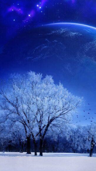 Hình ảnh mùa đông lạnh với bầu trời thiên hà