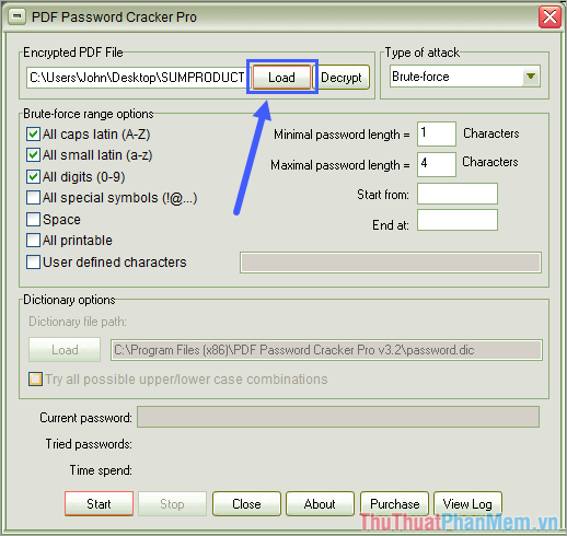 Khởi động phần mềm chọn Load để tải file PDF phá mật khẩu